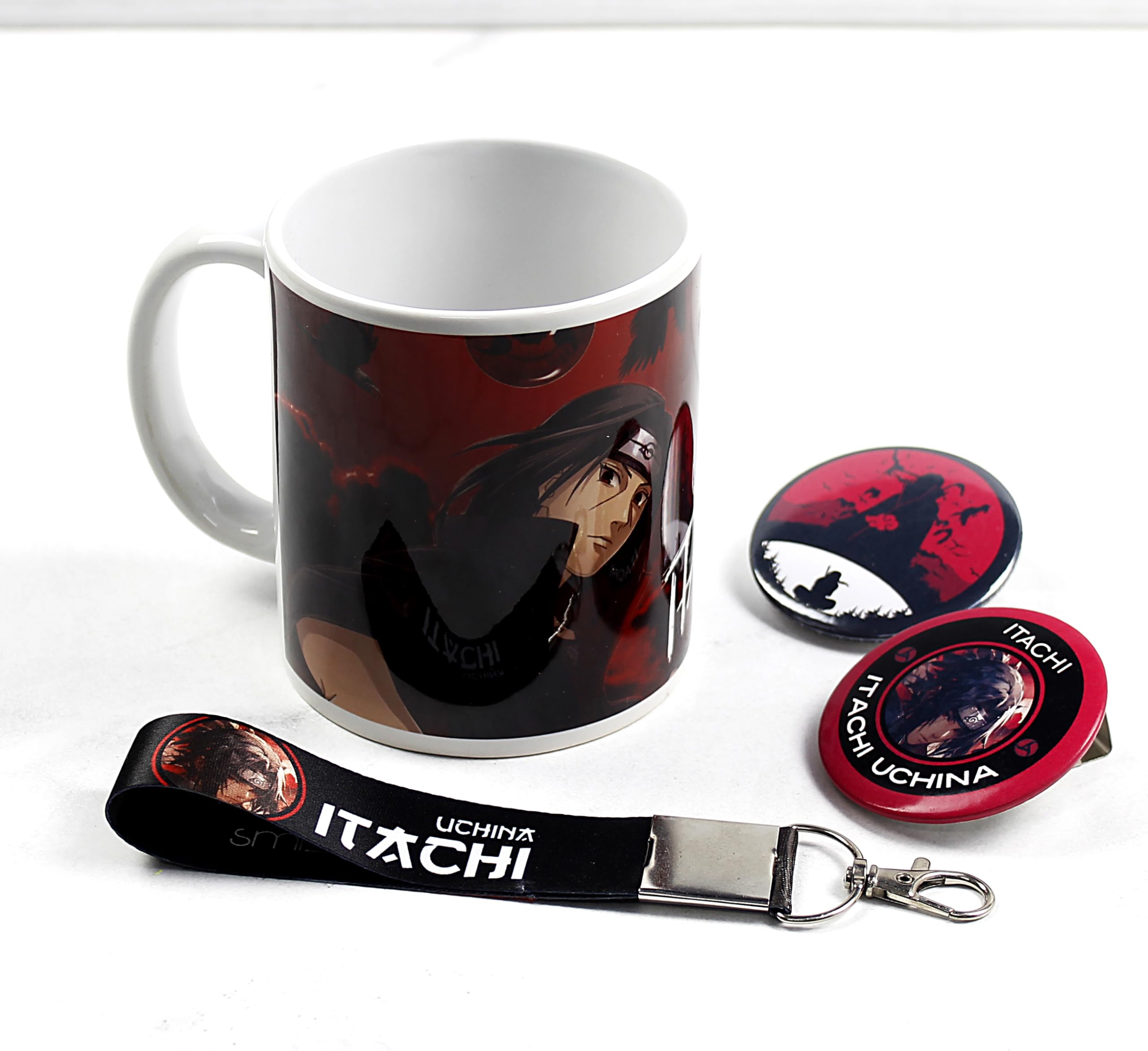 SMIZE Itachi Uchiha Anime Set: Printed Coffee Mug, Keychain, Two Badges - White Ceramic Milk Mug, 350 ml for Gifting and Present for Anime Lover