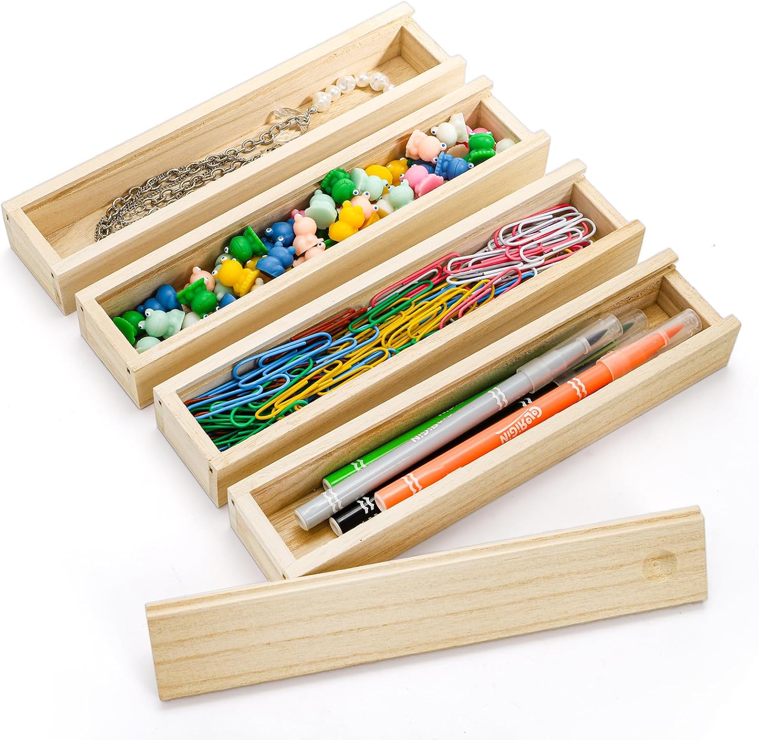 yarlung 16 Pack Unfinished Wood Box with Sliding Lid, Small Narrow Pencil Box Rectangular Gift Boxes for Art Hobbies, DIY Craft, Jewelry Necklace Storage
