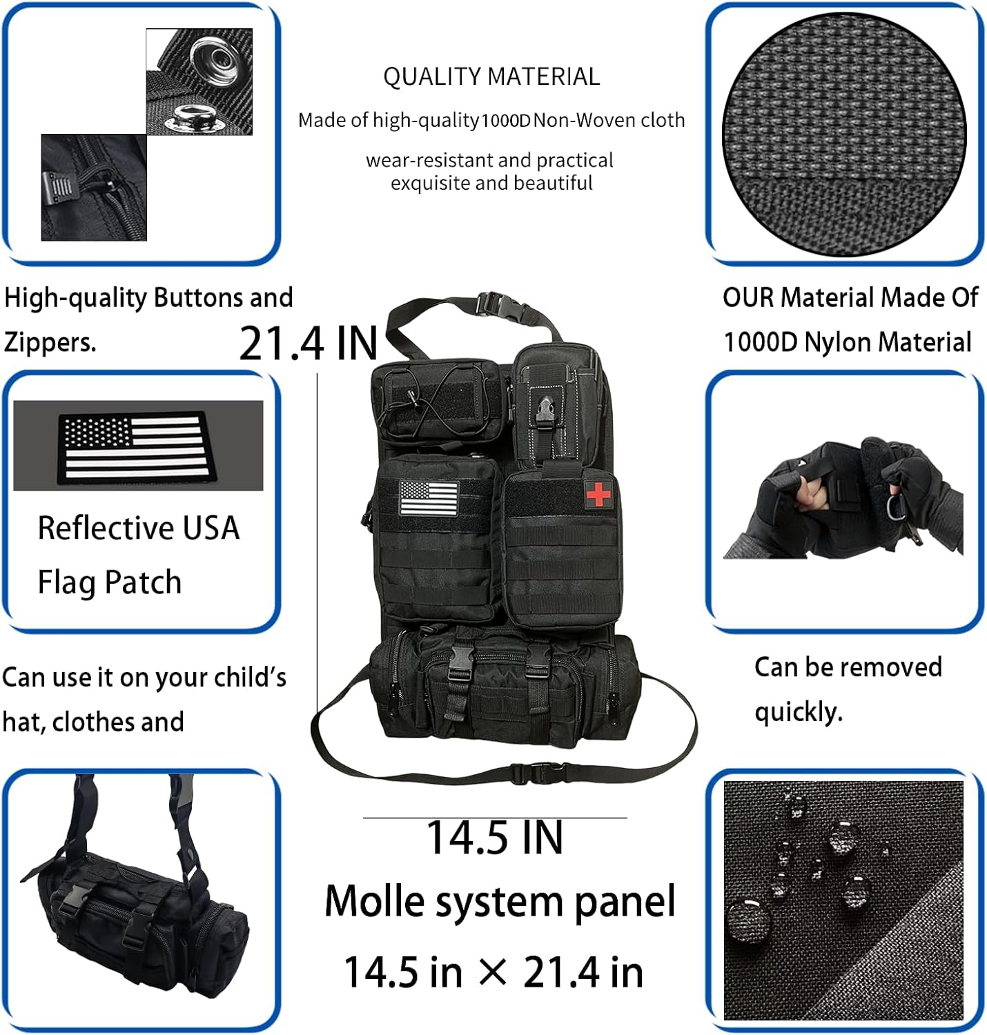 6 Pack Tactical Molle Car Seat Back Organizer Tactical Vehicle Panel with 5 Detachable Molle Pouch for Car Truck Ford Jeep Vehicle,US Patch Automotive Organizer For Man (5 Pouches)