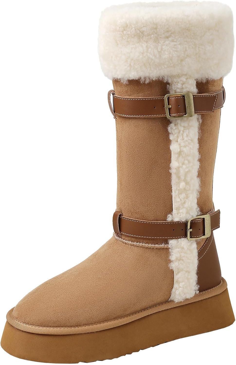 Trendenzy Womens Knee High Faux Fur Snow Boots Furry Fluffy Fuzzy Round Toe Warm Winter Boots Pull On Tall Boot with Buckle