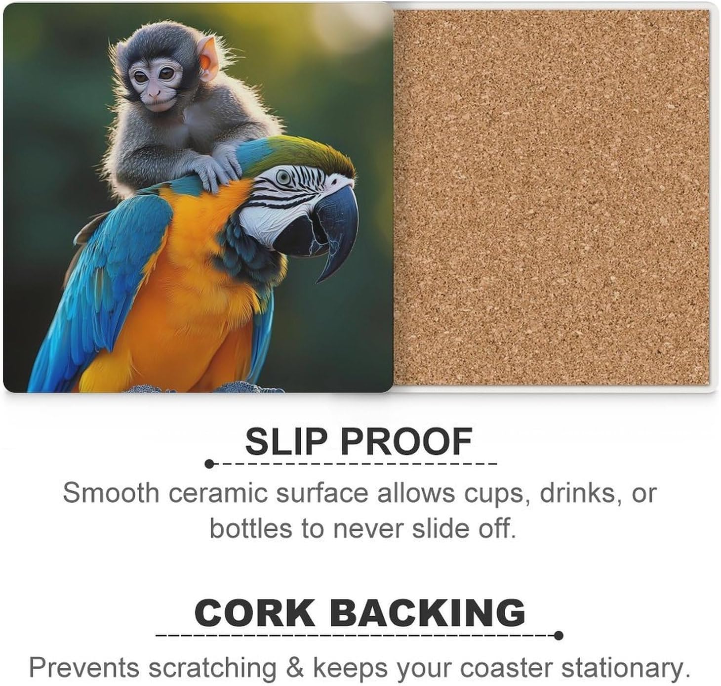 Monkey Riding on Parrot Funny Ceramic Coasters for Drink Absorbent Cup Holders Tabletop Protection