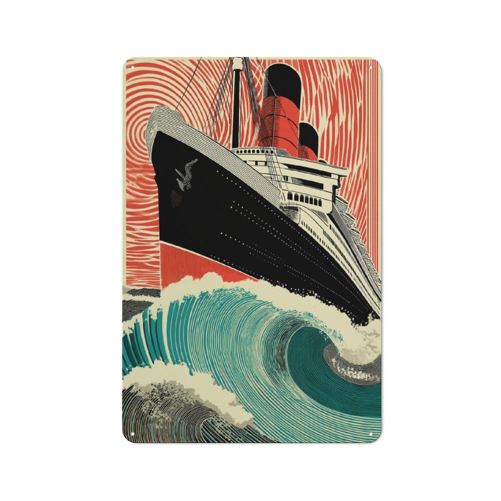 Junmoney Titanic Wave Encounter Tin Sign 30X20cm For Workshop Wall, Rustic Wall Decor, Suited To Workshop Decor Fans