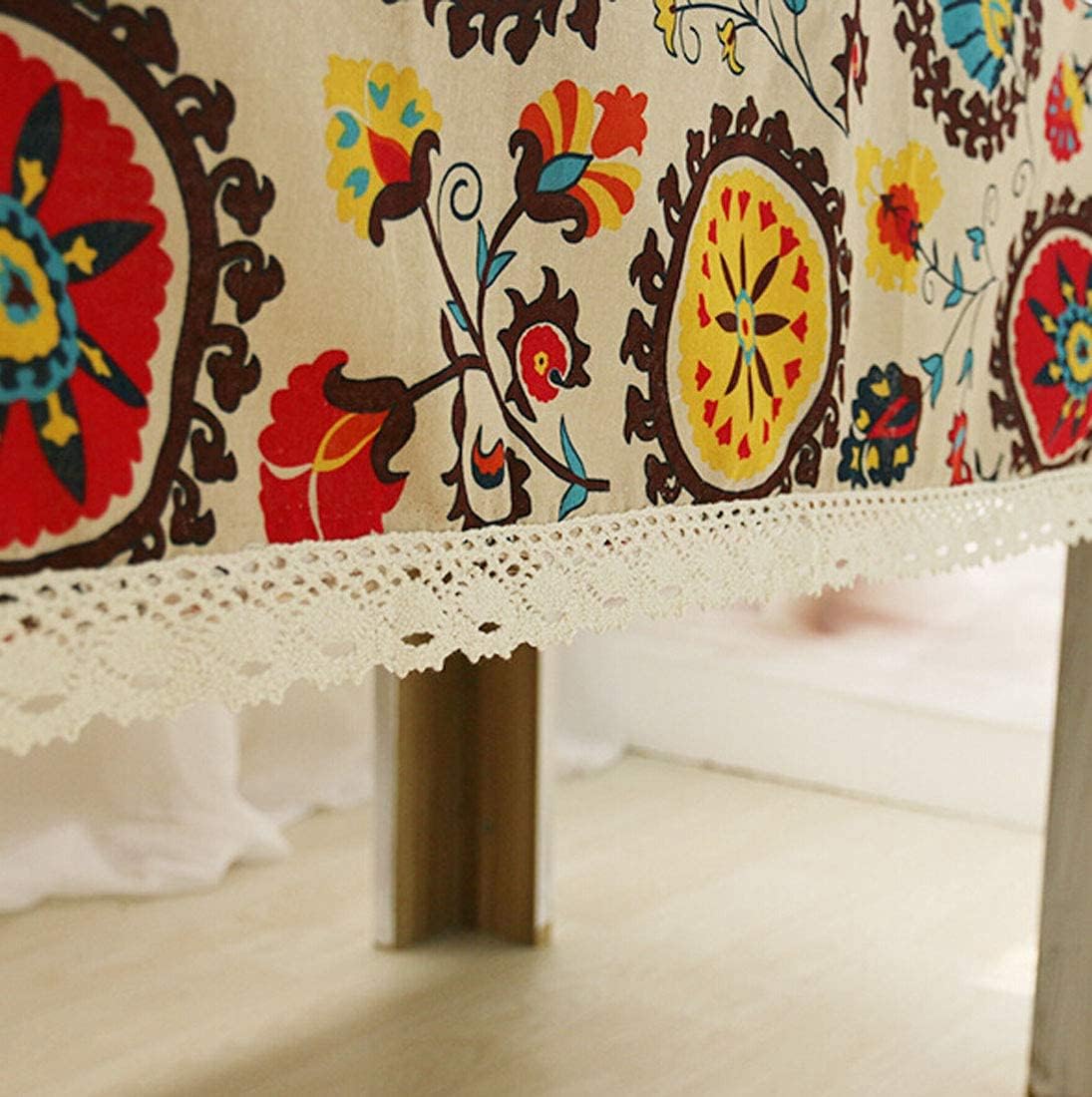 LeLehome Elome 55 X 79 Inch Oblong Bohemian Sunflower Tablecloth, Vintage Flowers Cotton Linen Lace Dinner Picnic Coffee Table Cloth Home Moroccan Boho Decor Cover