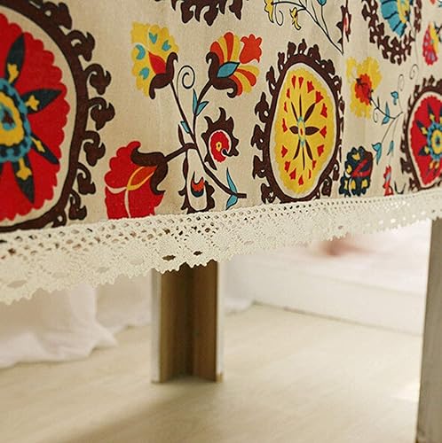 Miniatura 6 de LeLehome Elome Mantel oblongo de 55 x 79 pulgadas con diseño de girasoles bohemios, mantel vintage de flores de algodón y lino con encaje para cena,