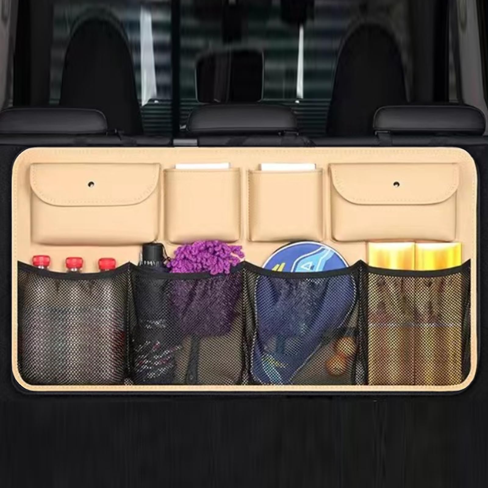 Bbajszx Vehicle Trunk Storage Bag with Multiple Ventilated Compartments for SUV Sedan and Truck 48X88Cm Strong Storage Solution Premium Leather Automotive Rear Seat Holder