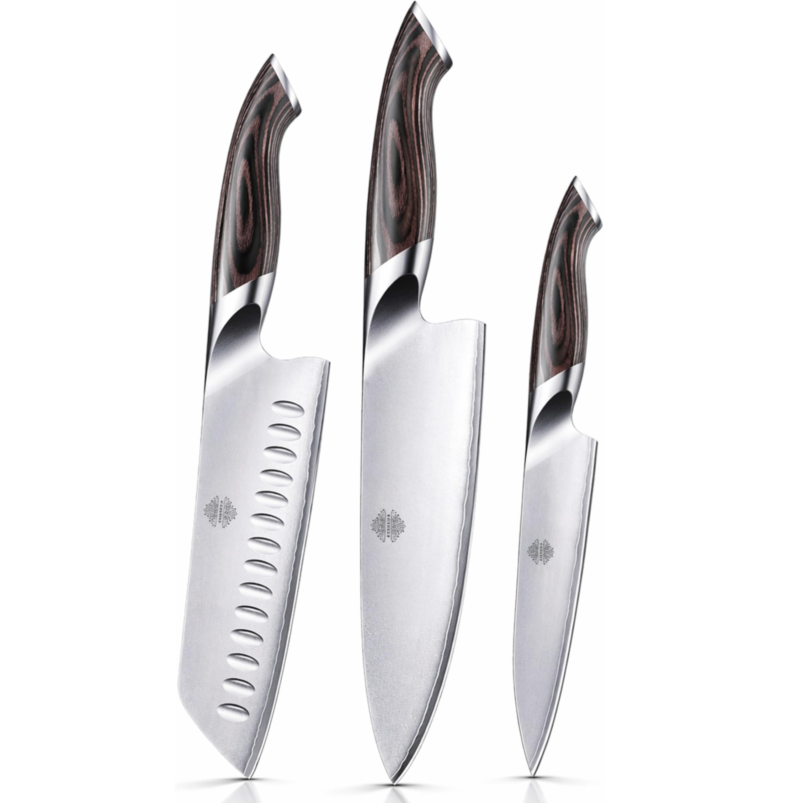 Set de cuchillos de cocina con tabla de acacia – regalo premium original para hombre y mujer – cuchillo chef, santoku y multiusos – acero inoxidable