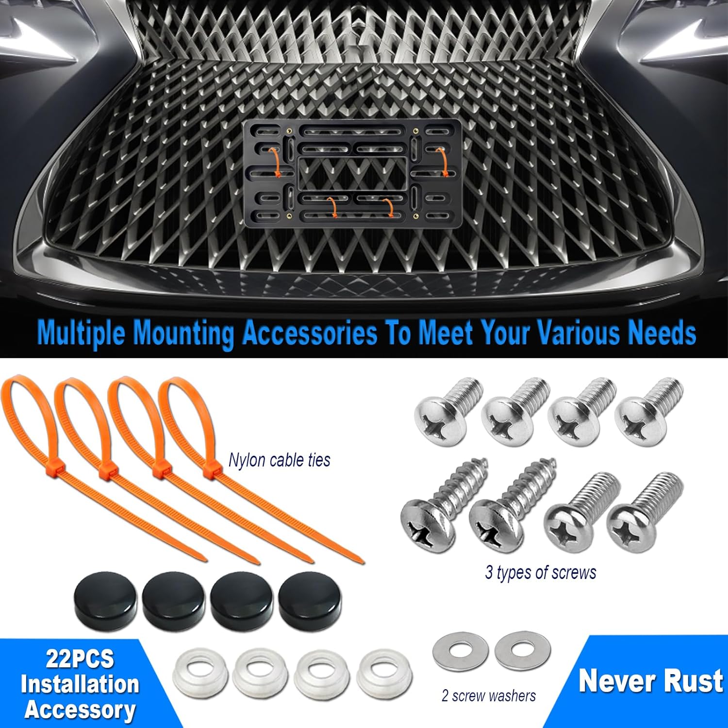 Front License Plate Mounting Kit- Bumper License Plate Bracket Holder & Matte Black Aluminum Tag Frame, Universal 2 Drill Hole Adapter for Car/Truck/Trailer - Image 5