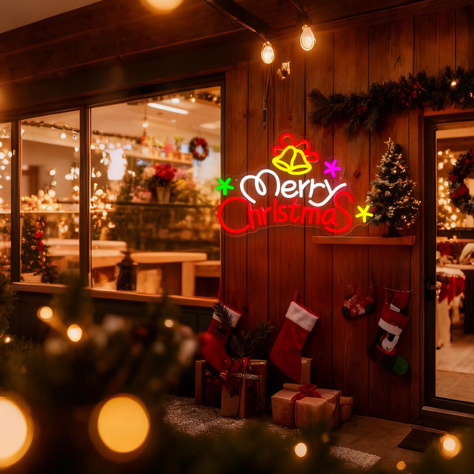 Letrero de neón de Navidad regulable con campanas de Navidad, letrero de luz LED de neón para fiesta, hogar, puerta de tienda, ventana, bar, vacaciones, festival, decoración de pared, regalo