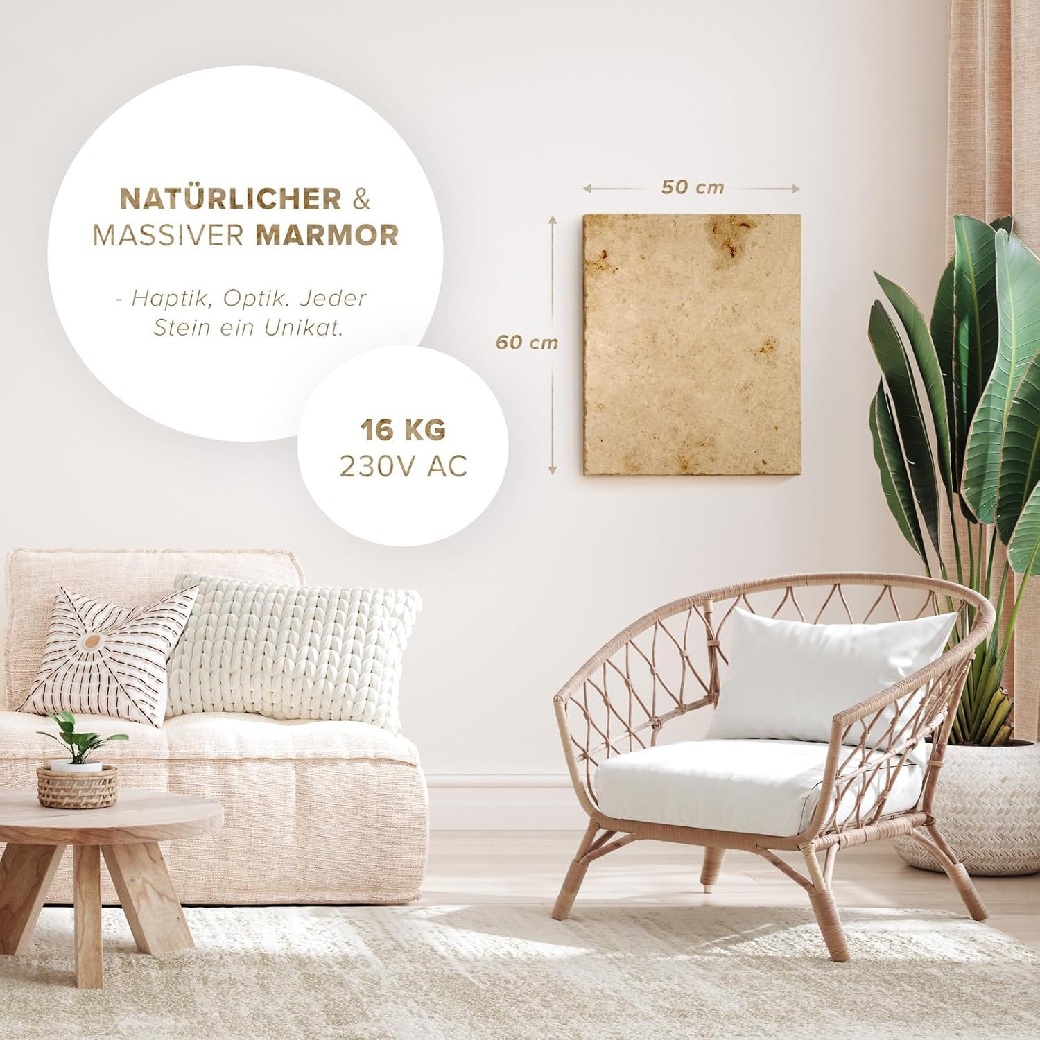 Naturstein Infrarotheizung Jura 500 Watt - Massive Wandheizung aus echtem Marmor - Elektroheizung mit Digitalthermostat, lautlos, 60x50 cm Made in Germany mit 5 Jahren Garantie