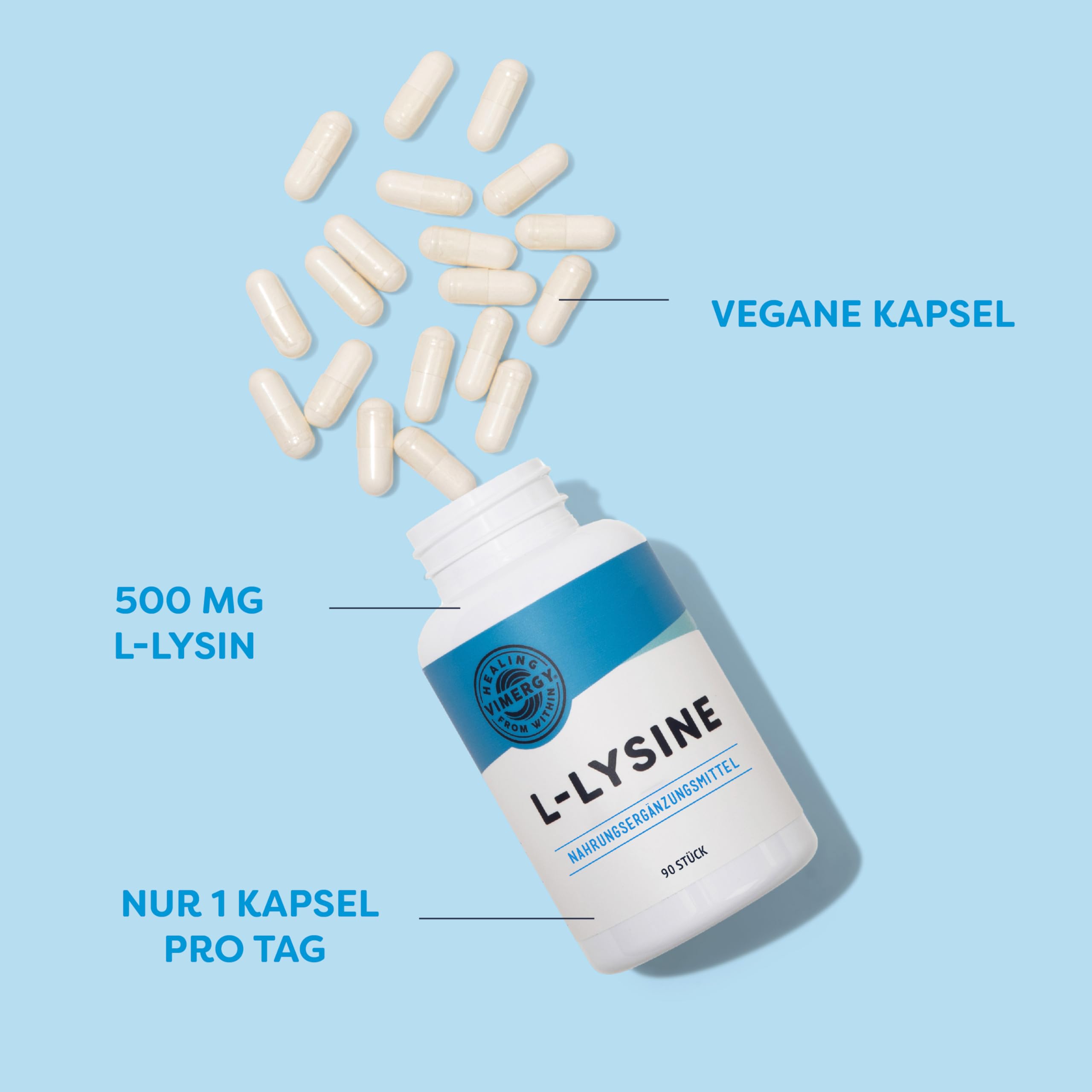 Vimergy L-Lysine 500 mg Kapseln, 90 Einnahmen – L-Lysin Aminosäuren Kapseln – Vegane Kapsel ohne Gelstoffe – Gentechnik- und Glutenfrei, keine Gelatine, Koscher (90 Stück)