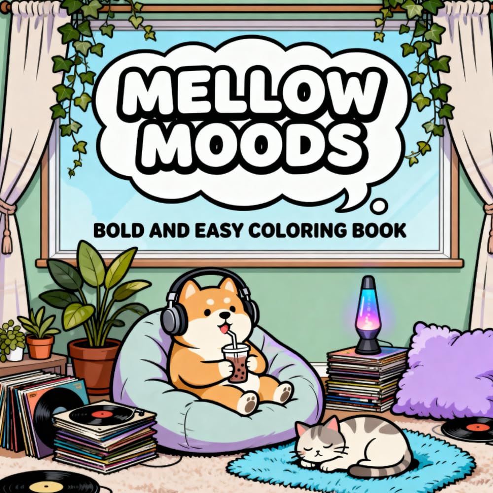 Mellow Moods Coloring Book: Bold and Easy: 40 Relaxing and Aesthetic Designs for Adults, Teens, and Seniors | Simple Cozy Rooms, Chill Lo-Fi Vibes, and Self-Care Routines for Stress Relief and Anxiety