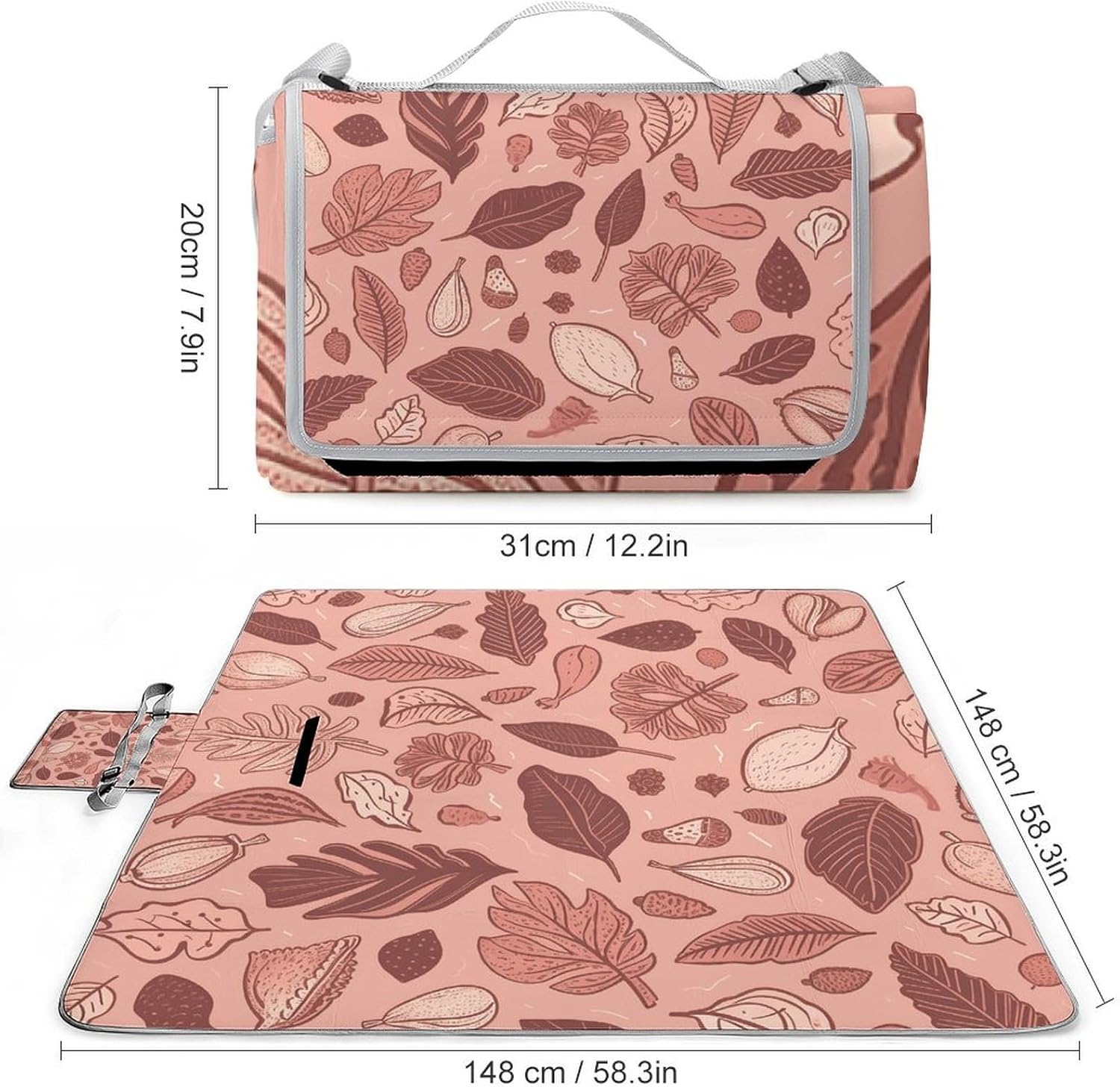 Acorn Leaf Pattern Waterproof Picnic Blanket 58.3''x58.3'',Portable and Foldable Picnic Mat with Handle,Outdoor Blankets for Lawn Park Beach Travel