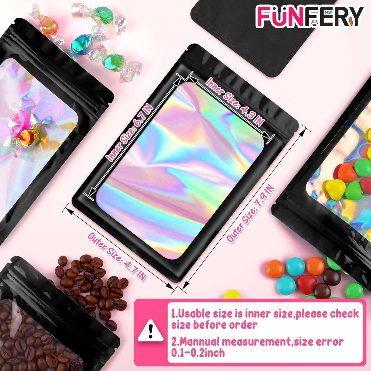 Funfery 100 Pack Resealable Bags Clear Holographic Bags,Smell Proof,Black image 2