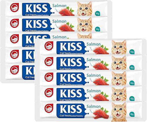 Kiss Premium Cat Treats with Probiotics, Salmon Flavour, 20 Pieces x 16g, 320g Pack, Digestive Health Support, Soft Texture Sticks, 16.4cm Length