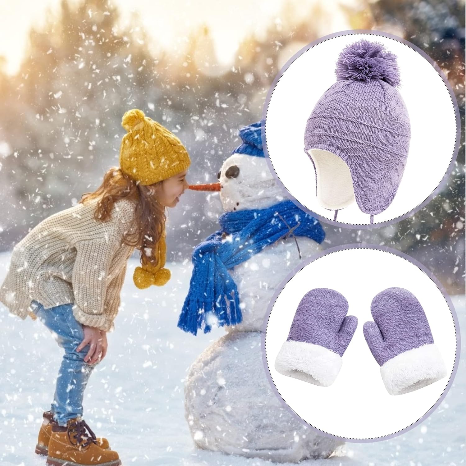 Kids Winter Beanie Hat Mittens Set Warm Fleece Hat Baby Toddler Knitted Hat & Gloves for Boys, Girls - Image 2