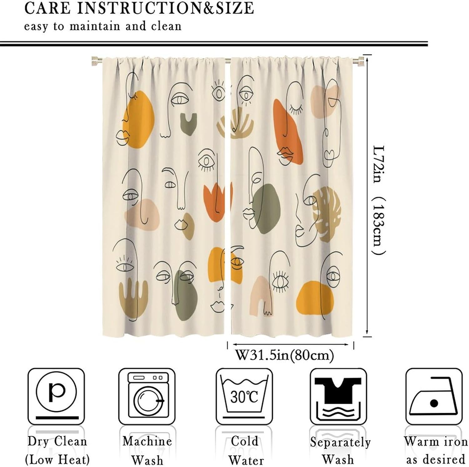 Abstract Human Face Curtains Minimalist Modern Mid Century Aesthetic Portrait Blackout Rod Pocket Curtains for Bedroom Living Room Kitchen Thermal Insulated Window Drapes 2 Panel Set 63x72in