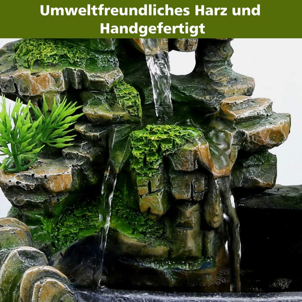 Zimmerbrunnen Tischbrunnen LED Springbrunnen mit Pflanzen Wasserfall Zimmer Brunnen aus Polyresin mit Pumpe Wasserbrunnen Water Fountain für Zimmer Terrarium