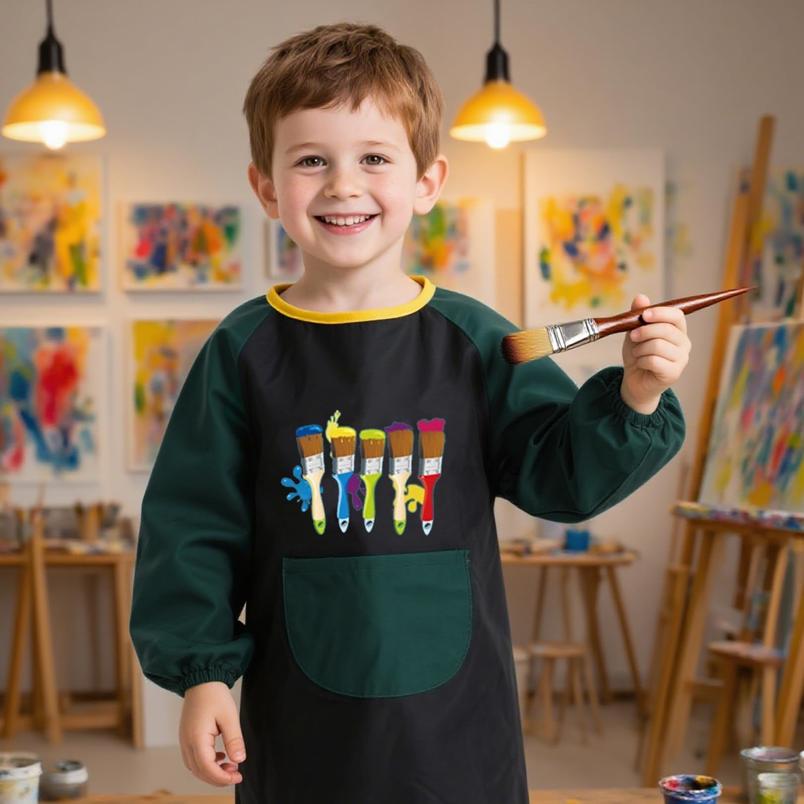 AONEGOLD Tablier de peinture enfant 7‑12 ans à manches longues, blouse imperméable avec grandes poches, pour peinture, cuisine, artisanat, repas et activités scolaires