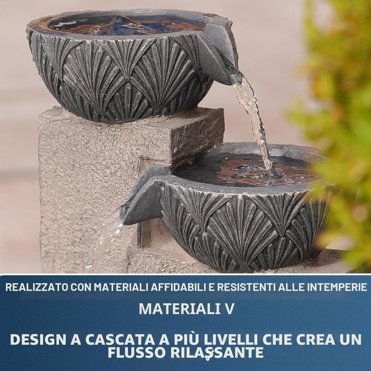 Festive Lights Fontana solare a LED da 42 cm con cascata e ciotole, alimentazione solare e USB, fontana solare da giardino per interni ed esterni, fontana solare per giardino d'acqua all'aperto