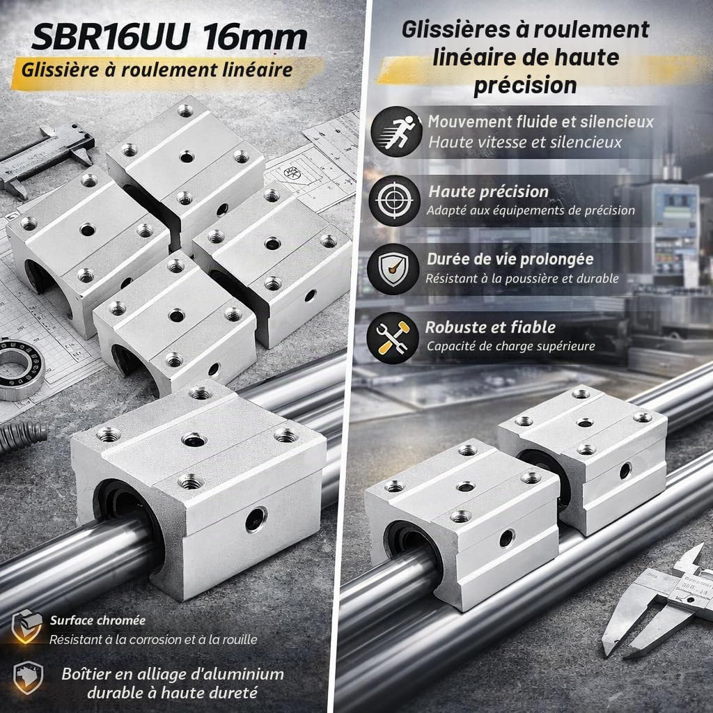 Roulements Linéaires SBR16UU 16mm, Aluminium, Silencieux Haute Vitesse, 4 Pièces, pour CNC et Machines de Découpe
