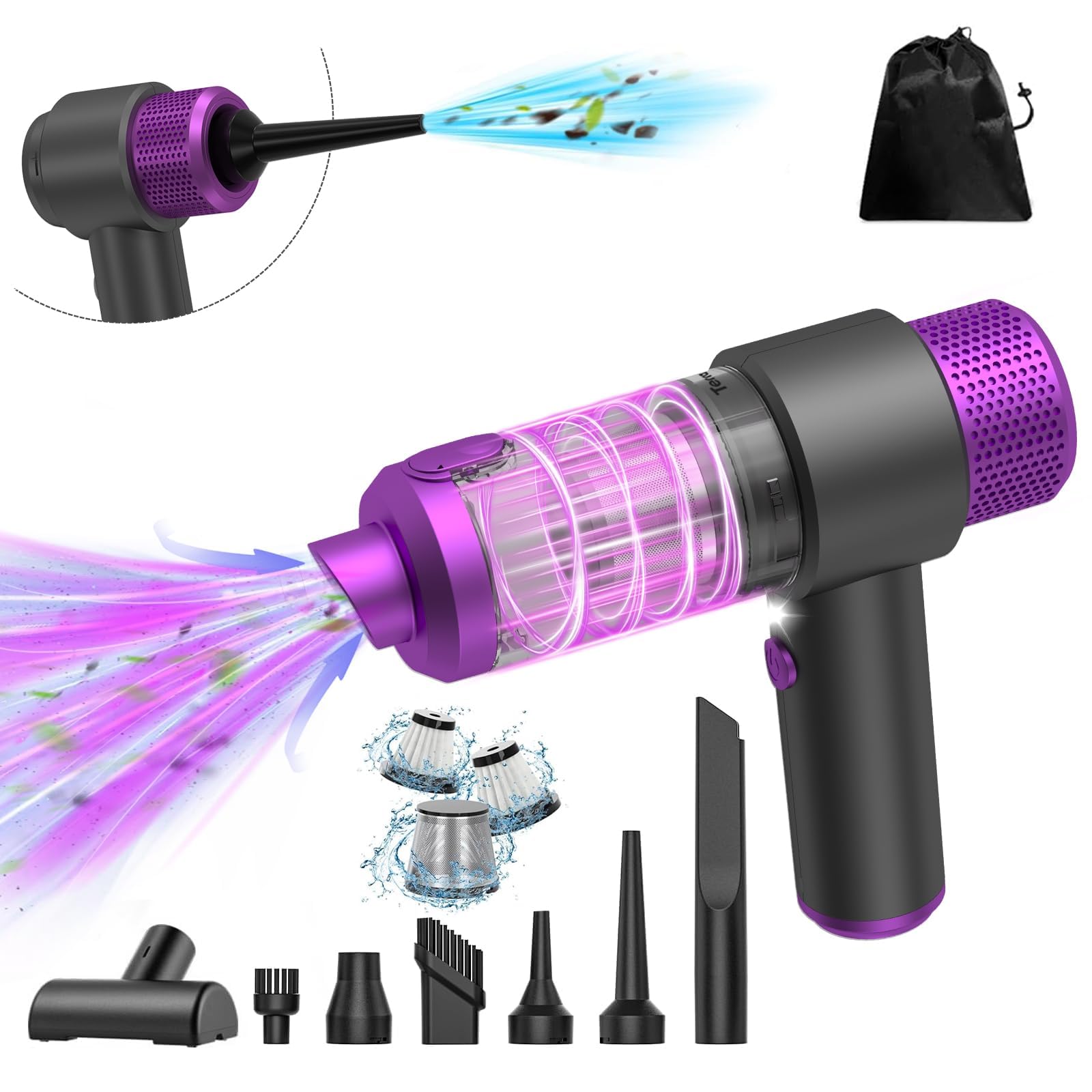 4-en-1 Aspirateur Voiture Puissant sans Fil, 15000PA Mini Aspirateur a Main sans Fil, Double Système de Filtration, Lumière LED, pour Souffleur Air Comprimé Nettoyage PC, Bureau (Violet)