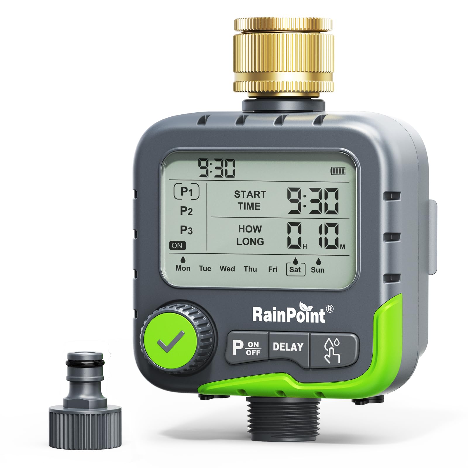 RAINPOINT 1-Zone Water Timer with 3 Independent Programs, Large All-in-One LCD Display, Dual Ports for Rain Sensor and Solar Panel, Rain Delay, IP65 Waterproof Outdoor Hose Timer