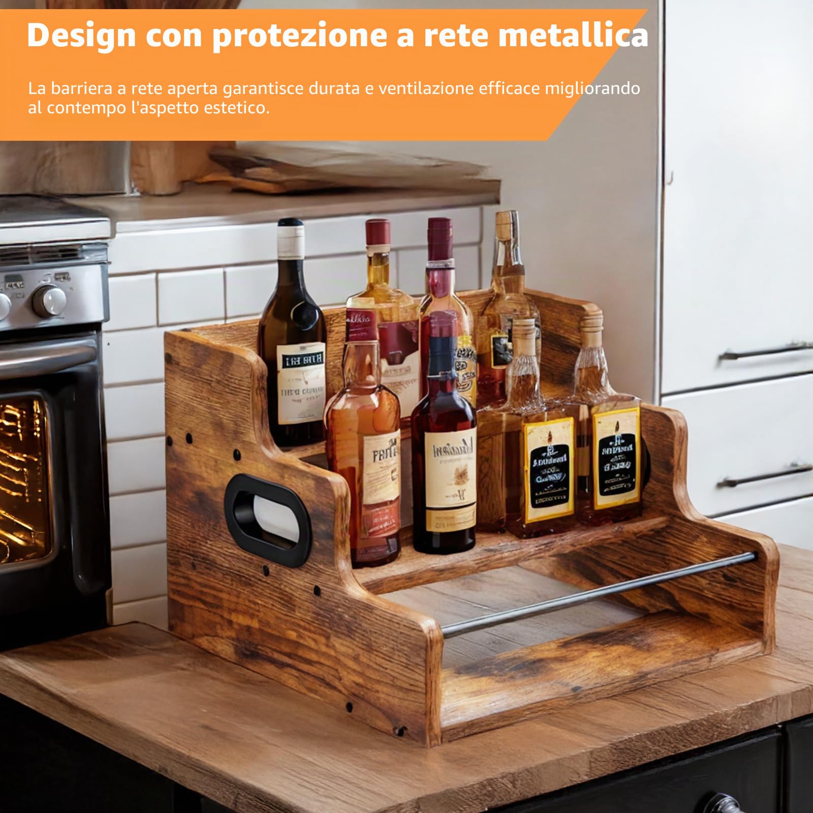 Scaffale per bottiglie di liquori, 3 ripiani, in legno, con vassoio per bottiglie di liquori, 12 bottiglie, per whisky, alcool, bevande