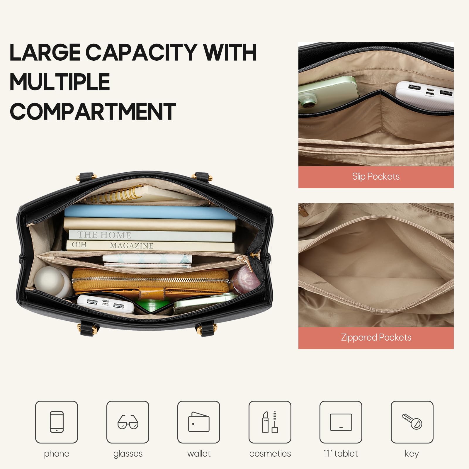 RAINSMORE Sac a Main Femme Moyen Elégant Sac Bandoulière Simili Cuir | Sac à Main Bandoulière Femme avec Multi Poche et Bandoulière Amovible pour Quotidien Travail Voyage Sac Universit