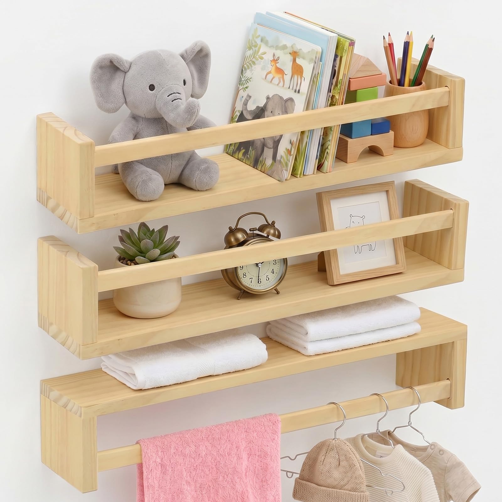 Étagères flottantes en bois lot de 3 pour rangement mural de livres 42cm