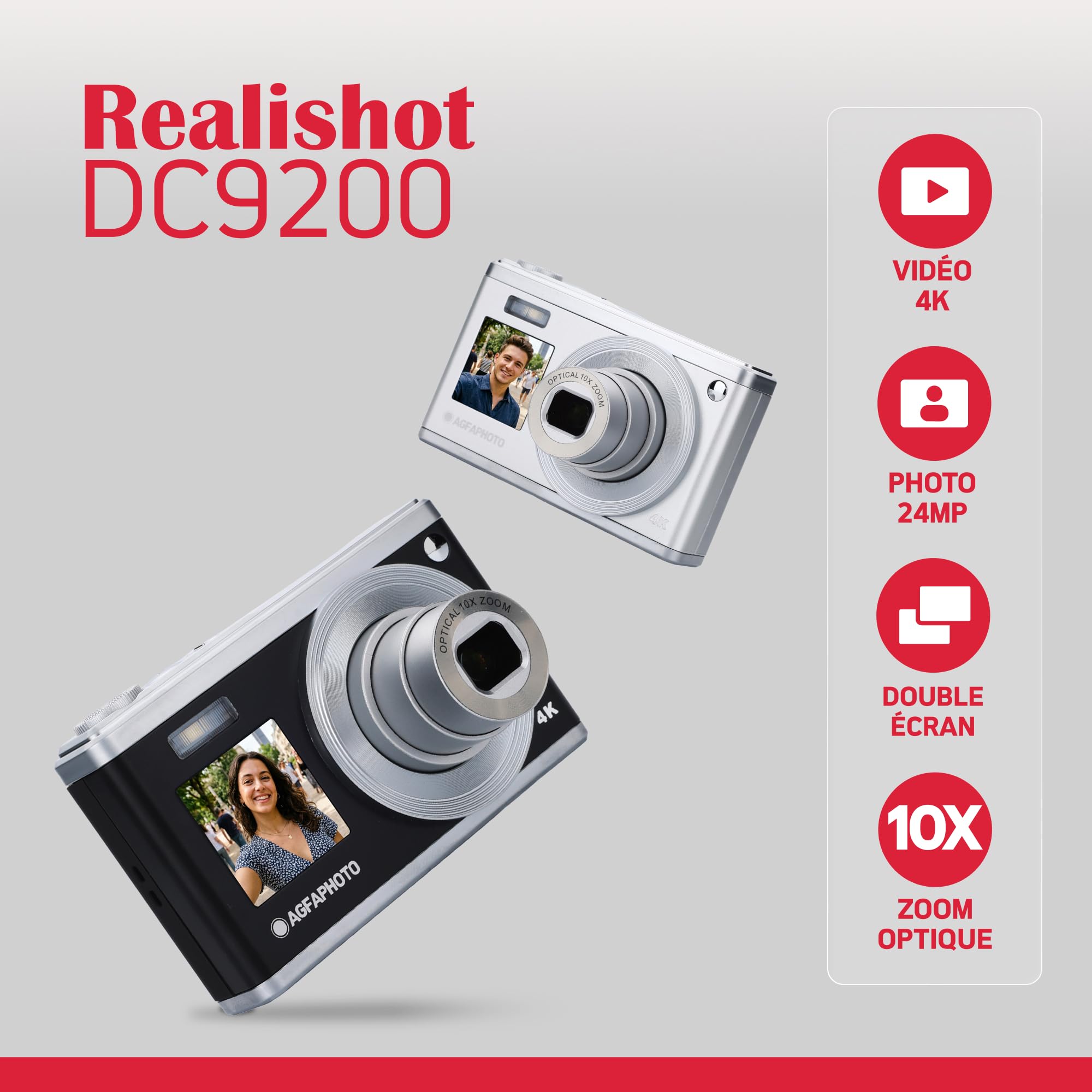 AGFAPHOTO Realishot DC9200 - Appareil Photo Numérique Compact, 24 MP, Vidéo 4K, Zoom Optique 10x, Ecran Double 2,8" + 1,54", Capteur CMOS, Stabilisation d'image, Batterie Lithium