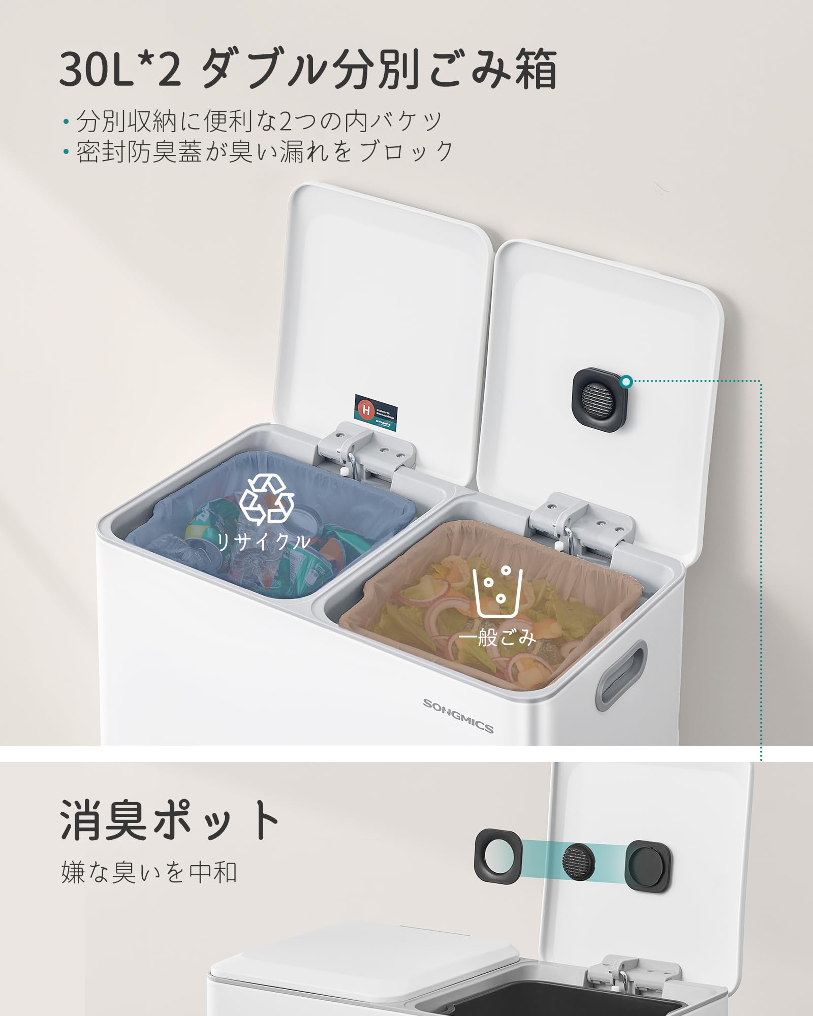 Amazon｜SONGMICS ゴミ箱 分別 ペダル式 蓋付き 2x30L スチール製
