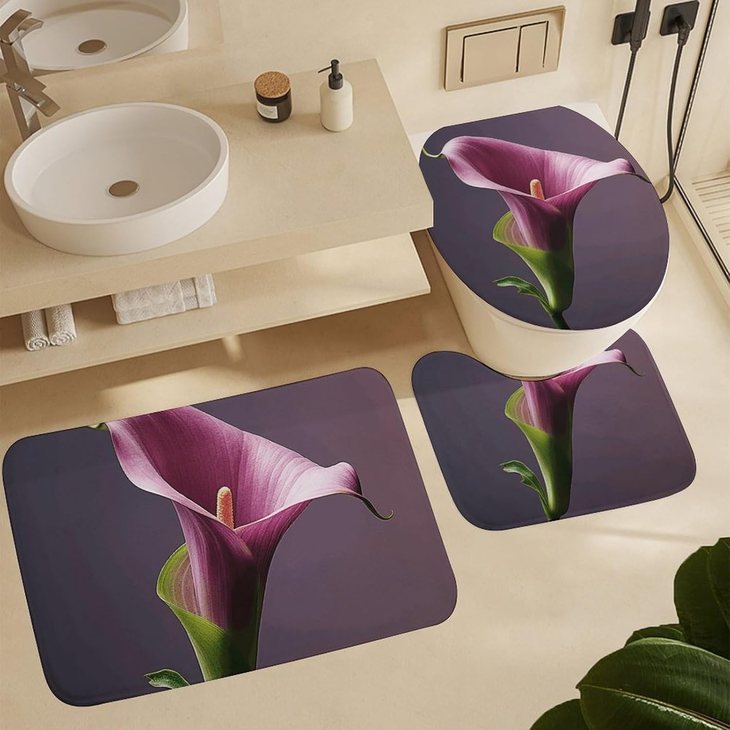 Purple Calla Lily Shower Curtain Set 4 Piece, Non-Slip Bath Mat with Toilet Lid Cover and Waterproof Shower Curtain with 12 Hooks, Complete Bathroom Set for Home Decor
