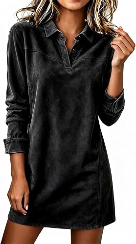 Vividcrate Suede Dress Suede Dress Long Sleeve Curvy Friendly Long Sleeve Button
