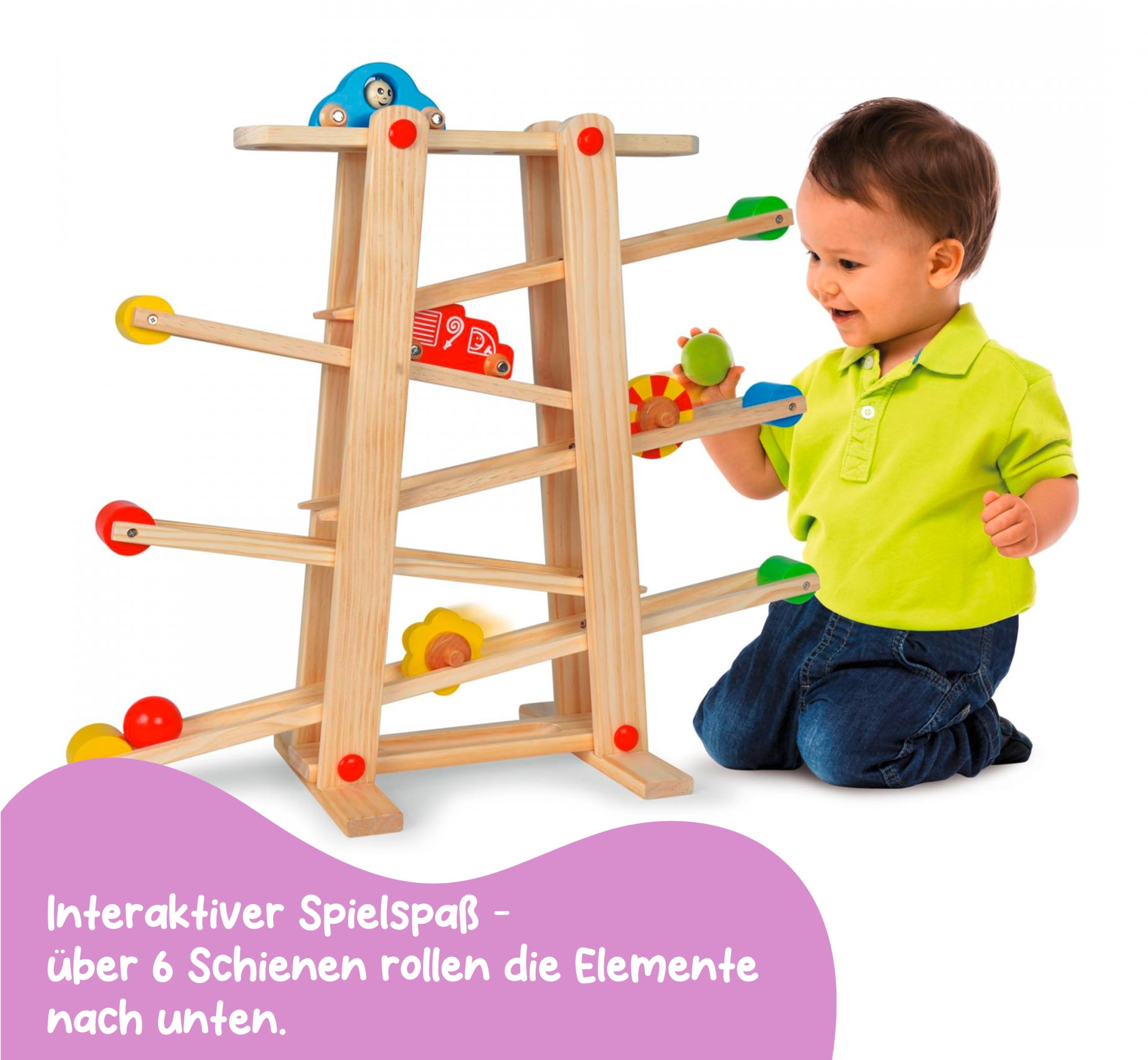 Eichhorn 100002029 Große Rollbahn aus Kiefernholz, 7-teilig, mit 6 Rollelementen, Kugelbahn für Kinder ab 1 Jahr, Größe: 67 x 56 cm