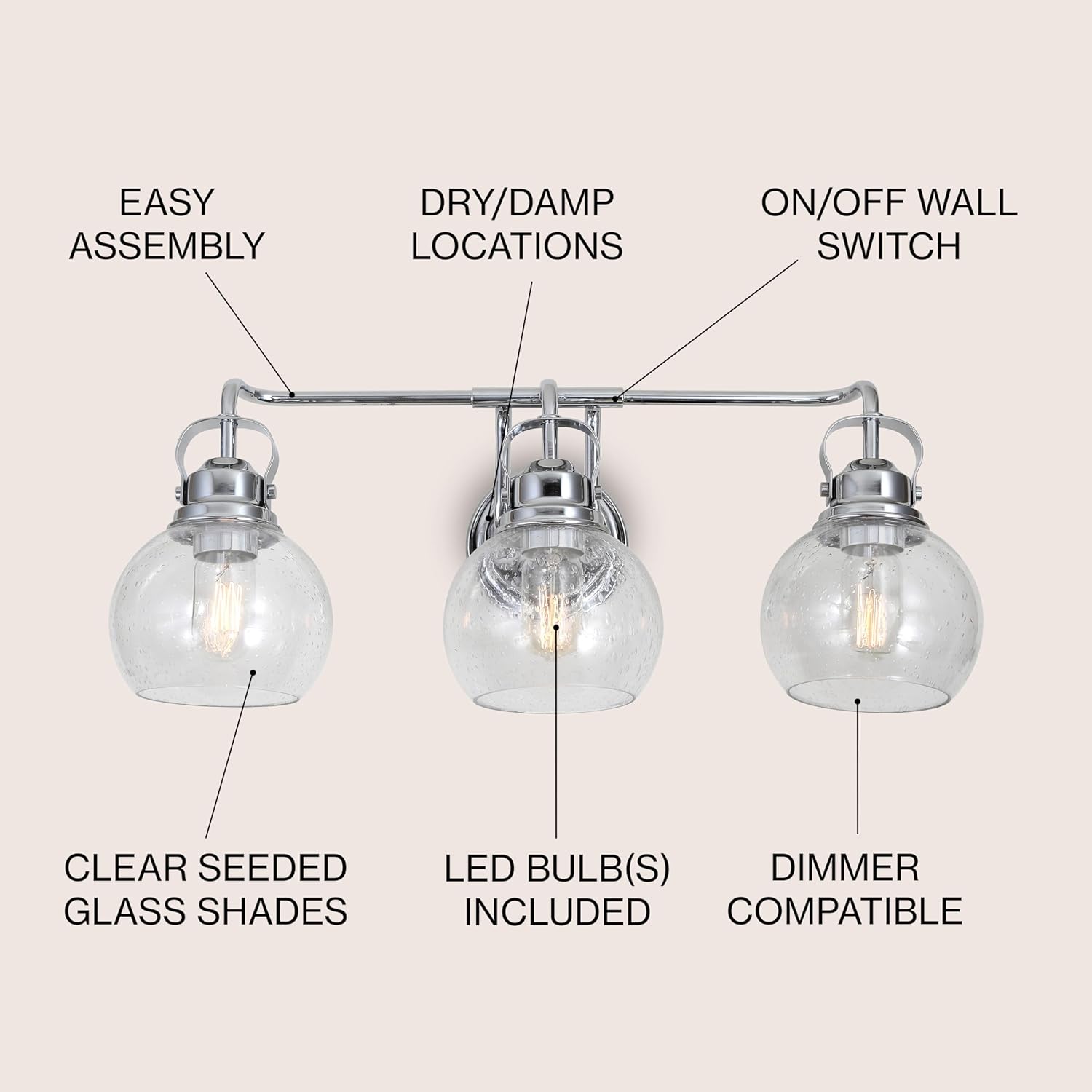 JONATHAN Y 24" Chrome Shirley 3-Light Bathroom Vanity Light, Metal Wall Sconce, Clear Seeded Glass Shade, Modern Transitional Farmhouse Fixture, LED Bulbs Included (JYL7405A)