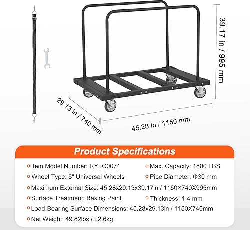 Miniatura 7 de VEVOR Carrito de mesa plegable, carrito de mesa resistente de 1800 libras con ruedas giratorias de 5 pulgadas, carrito de escritorio negro para