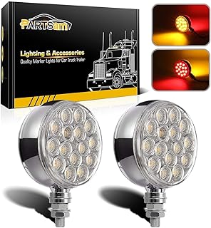 Partsam 2pc 3" Red/Amber Double Face Chrome Round Pedestal Lights 30 LED Sealed Clear Lens Fender Mount Stop Turn Tail Lights Replacement for Peterbilt/Kenworth/Freightliner Trucks Trailers