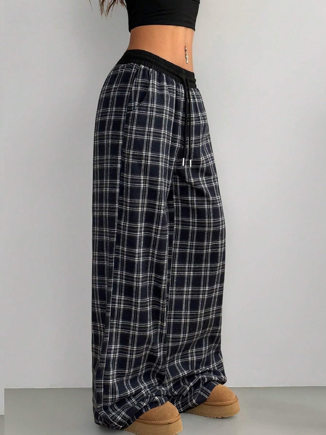 Women's Gingham Pants Plaid Casual Y2k Flannel Pajama Pants Wide Leg Baggy Pants Long Trousers with Pockets - Image 5