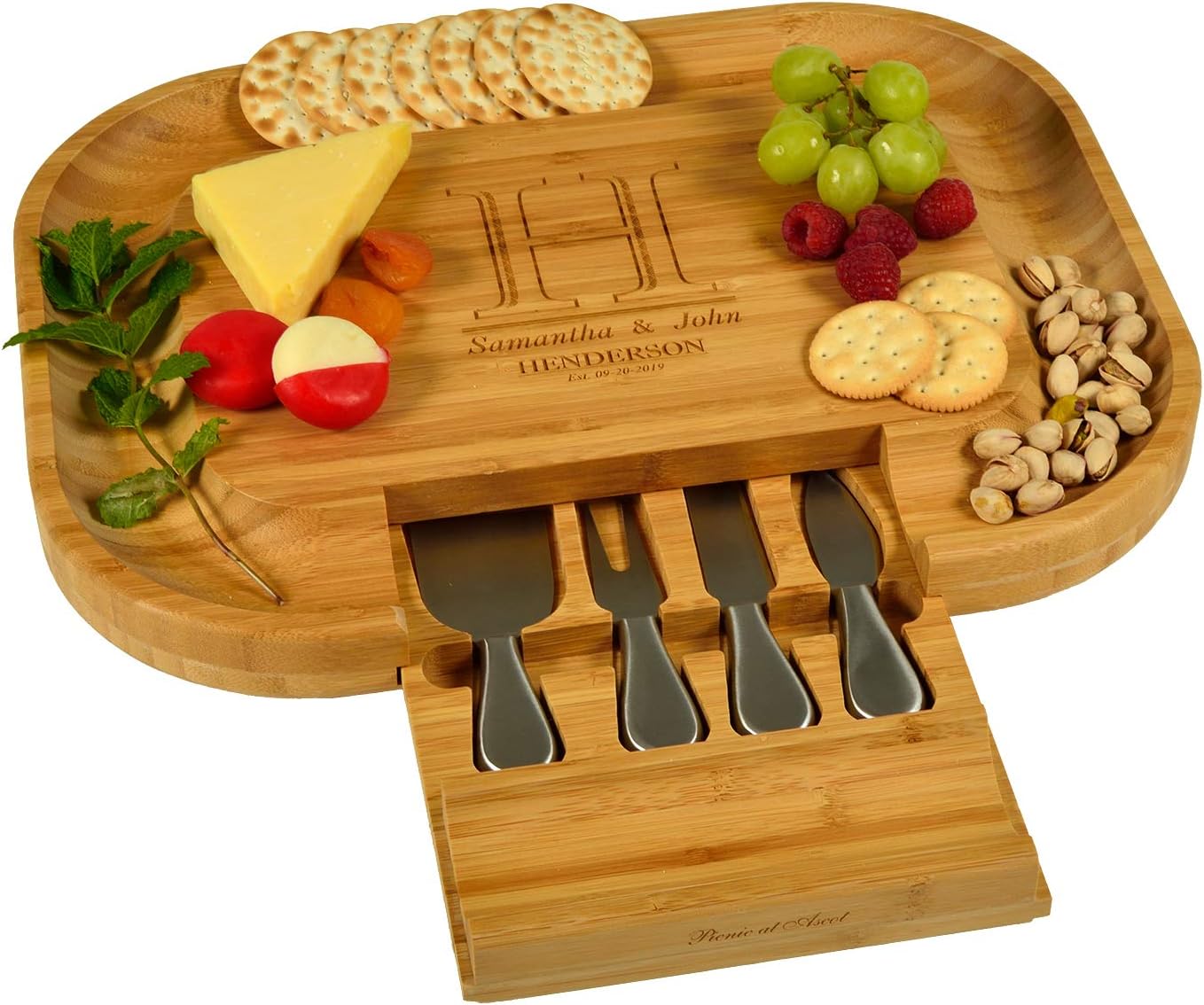 Custom Personalized Engraved Bamboo Cheese/Charcuterie Cutting Board with Knife Set & Cheese Markers- Designed & Quality Checked in USA