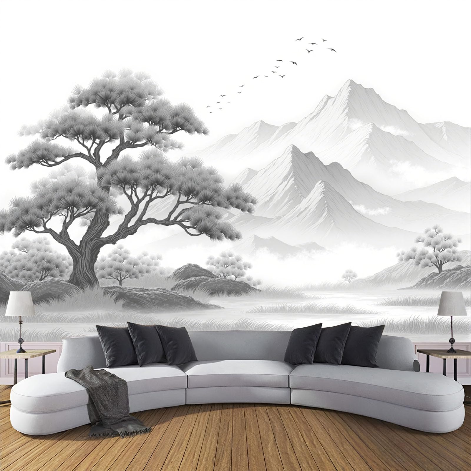 Papier peint panoramique montagnes pins 400x280 cm fresque murale style encre salon