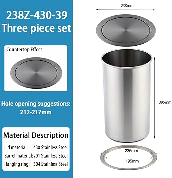 Countertop Stainless Steel Trash Can Lid, Built-in Kitchen Garbage Can, Round Embedded Trash Bin Swing Flap Cover, Waste Basket for Hotel Home Cabinet,Gray