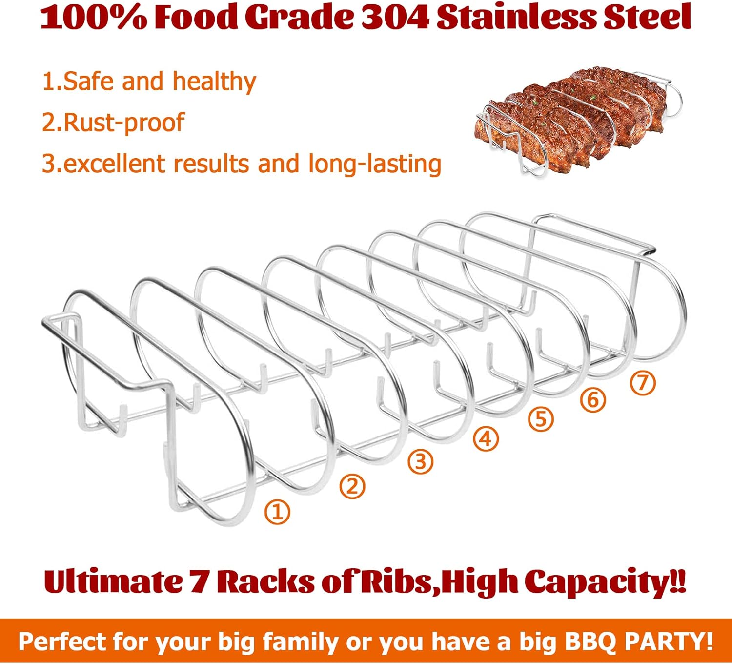 BBQ Rib Racks for Smoker and Grilling Roasting Rack 100% 304 Stainless Steel Food Grade,Holds 7 Ribs Rack for Grilling & Barbecuing for Large&XLarge Big Green Egg,Kamado Joe Classic,Big Joe