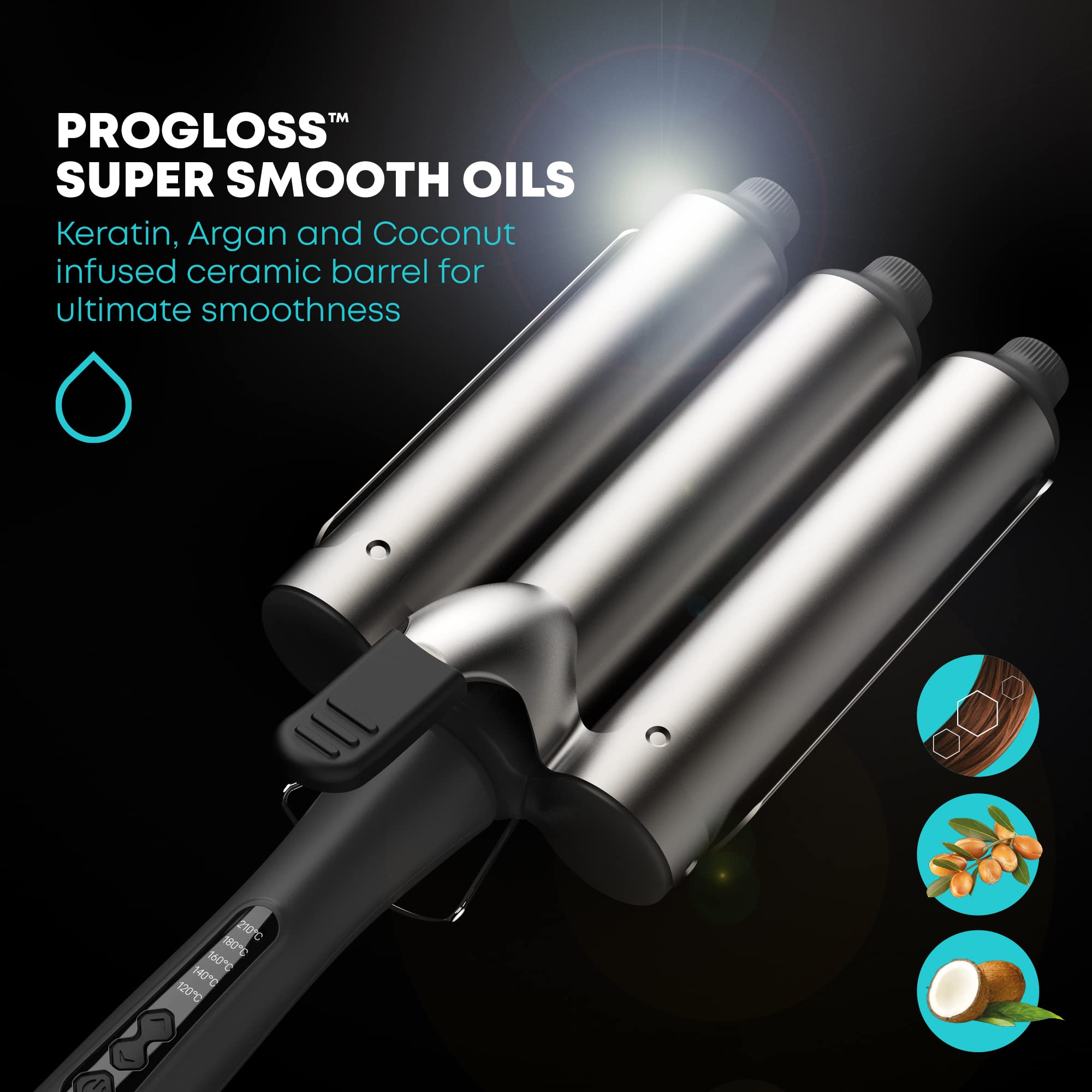 REVAMP Progloss Boho Beach Hair Waver Jumbo - Fer à Onduler 3 Cylindres 38 mm pour Ondulations Large Effet Plage, Réglage Température Variable et Arrêt Automatique