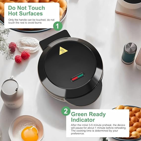 Bubble Waffle Maker- Electric Non stick Hong Kong Egg Style Design, 7 Round Waffler Iron Griddle - Ready in under 5 Minutes (1000W, Black)