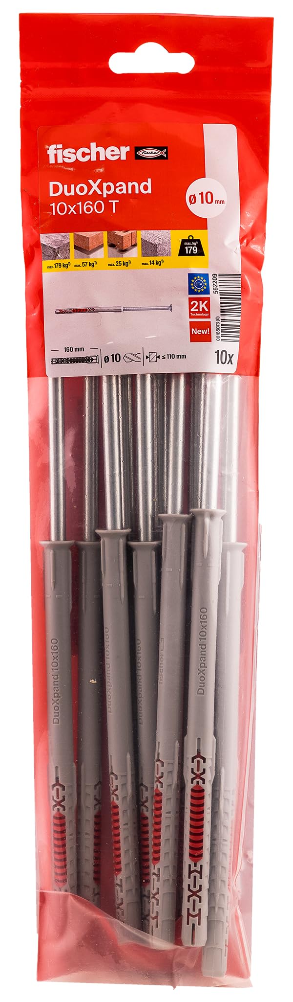 fischer DuoXpand 10 x 160 T, High Quality Universal Dowel with Galvanised Countersunk Screw (Pack of 10), Dowels for Strong Hold, Ideal for Porous Building Materials & Close to Edge Anchors Indoors