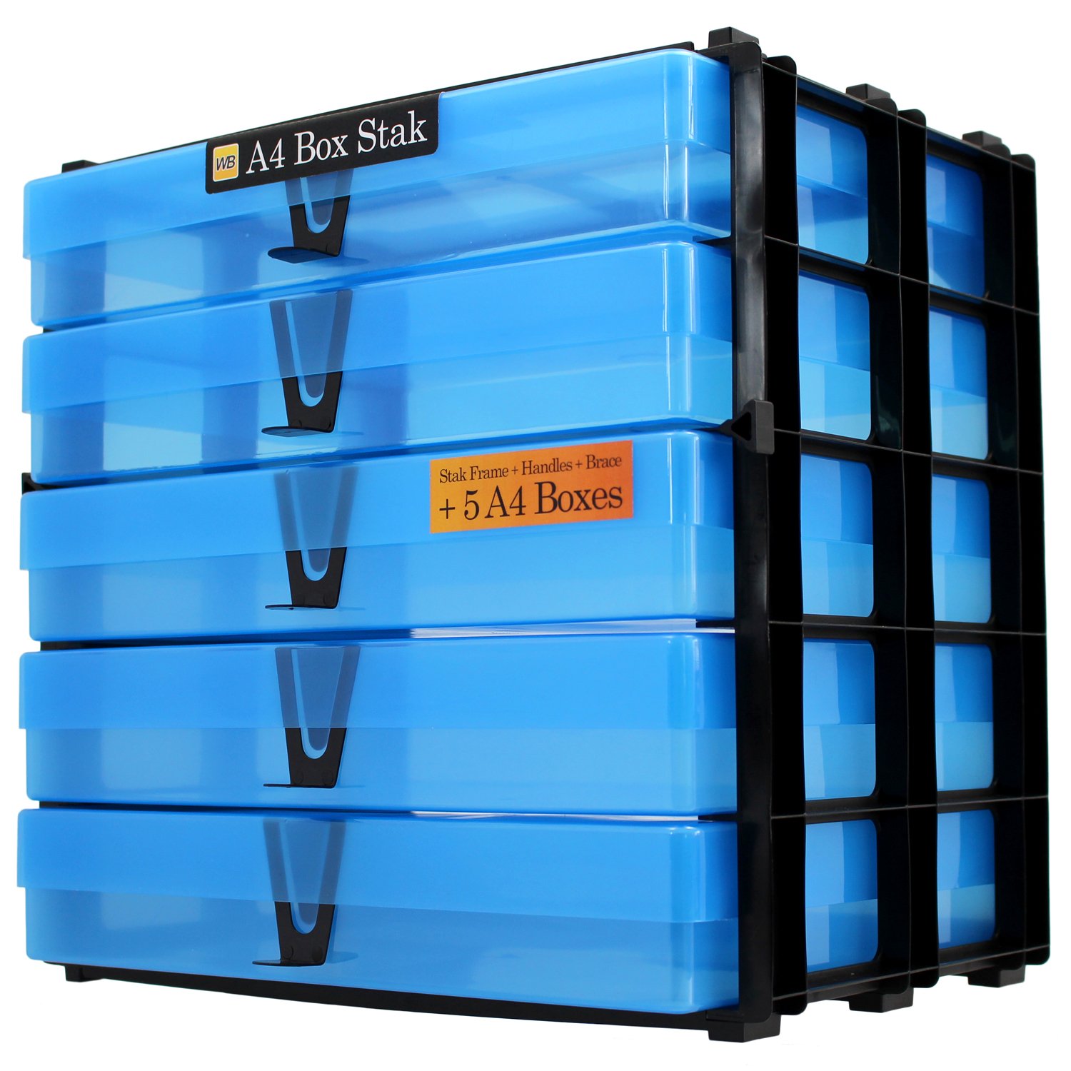 WestonBoxes A4 Box Stak, Stackable Craft Storage Box Unit Including Plastic A4 Storage Boxes with Lids (Blue, Pack of 1)