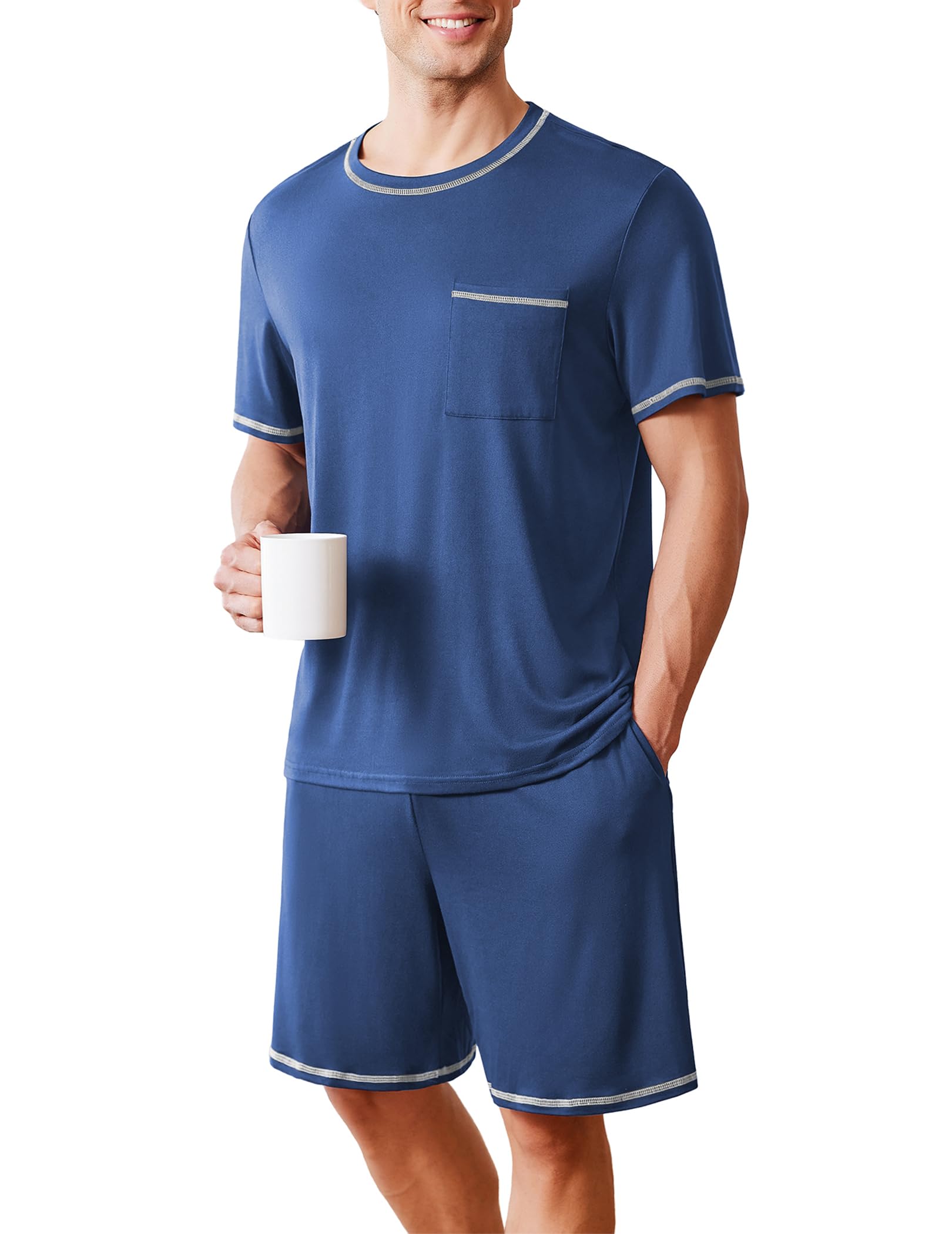 Men's Pajamas Set Casual Short Sleeve Shirts and Shorts Soft 2 Piece Loungewear With Pockets-image-22