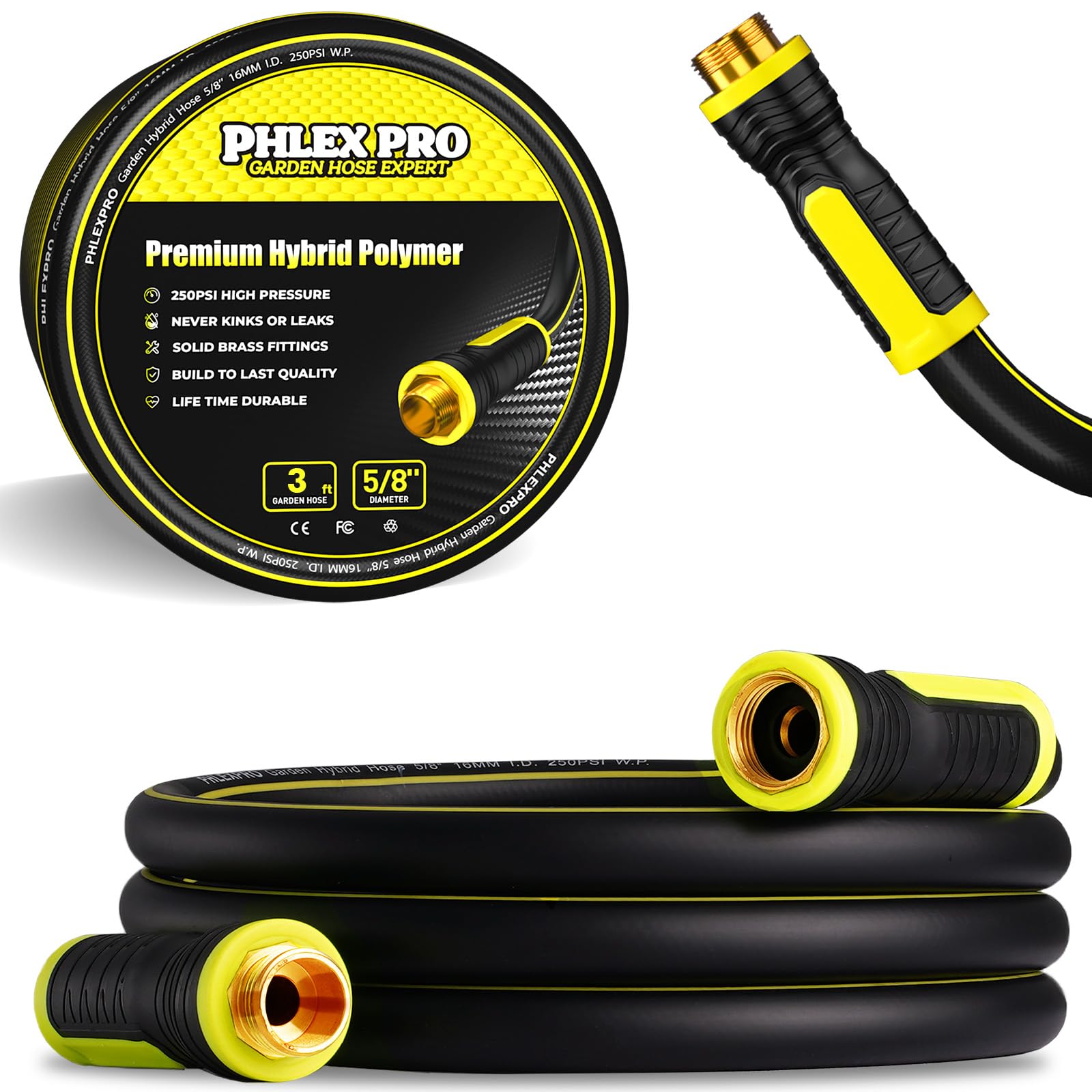 Garden Hose 3FT - PHLEX PRO Water Hose Heavy Duty Premium 5/8'' Rubber 3-Layer, Innovation Flexible Hybrid Lightweight Water Hose, Full Brass Male to Female Fittings
