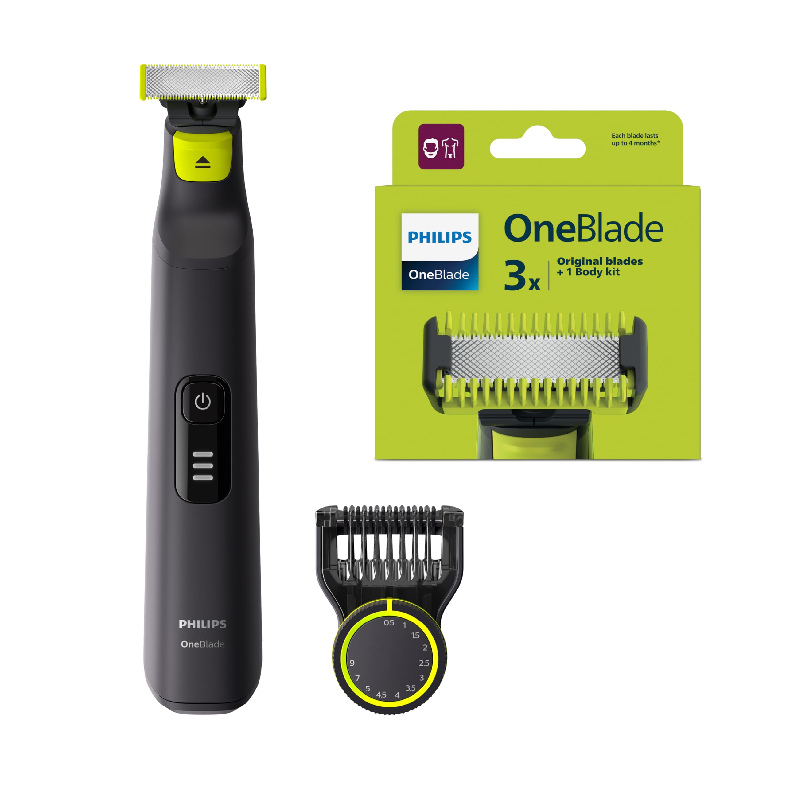 Philips Oneblade Pro Face QP6530/23, with replacement blade x3 w/body kit - QP630/51, 2 Years Warranty