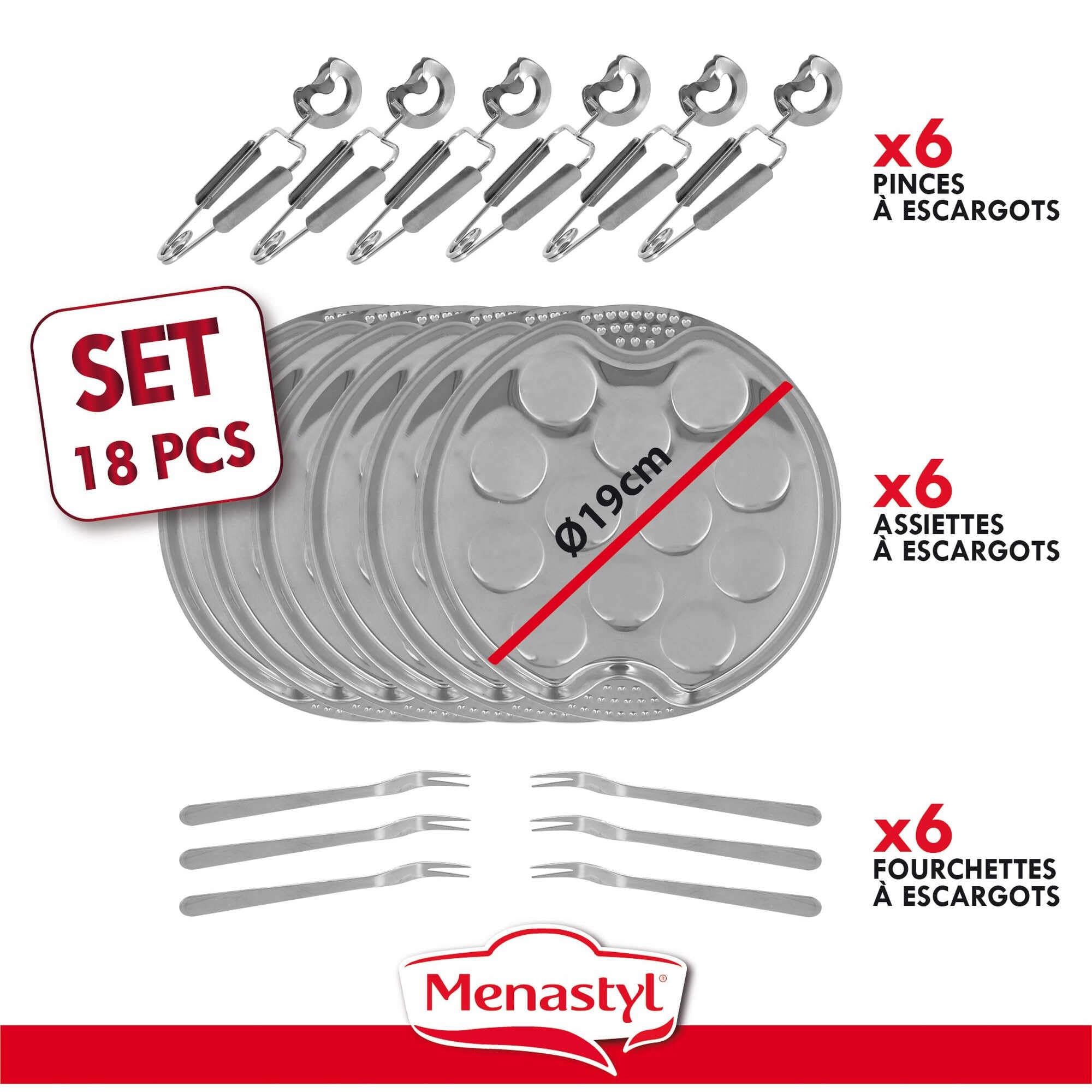 Menastyl 5040063 The Kitchenette-Servizio 18 Pezzi, 6 Piatti da 12 Ø 19 cm + 6 pinzette 6 forchette per lumache, Acciaio Inossidabile